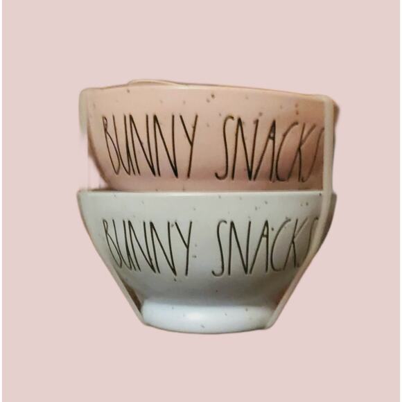 CERAMIC EASTER 2-PIECE BOWL SET BY RAE DUNN "BUNNY SNACKS" PINK & BLUE - Picture 3 of 6